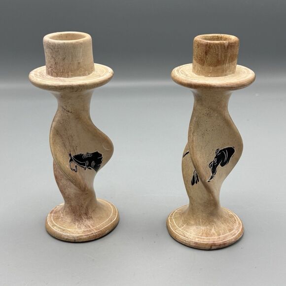 Vtg Carved Handpainted Soapstone Twisted Candlestick Holders Elephant Rhinoceros - Picture 5 of 8